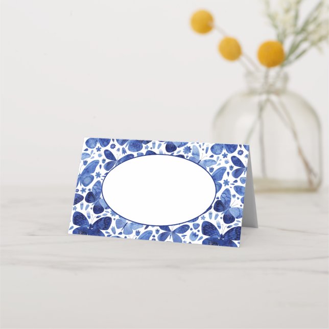 Modern Indigo Blue Watercolor Butterfly Place Card (Front)