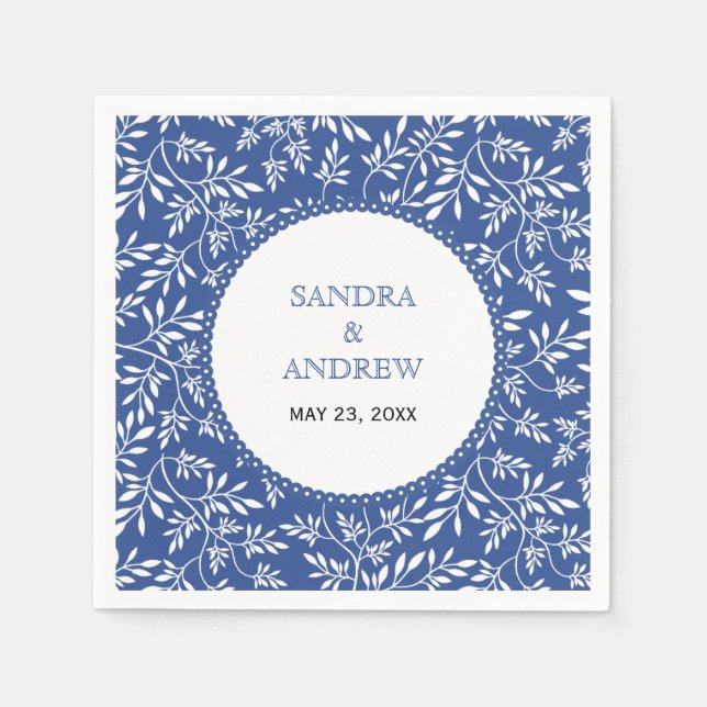 Modern indigo blue white leaves pattern wedding napkin (Front)