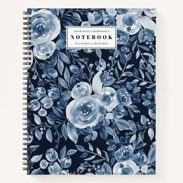 modern indigo floral watercolor name navy blue notebook (Front)
