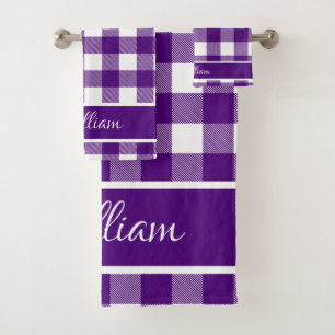 Modern Indigo Purple Buffalo Checks Script Name Bath Towel Set