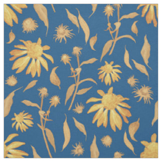 Modern Indigo Yellow Cone Flowers on Blue Fabric