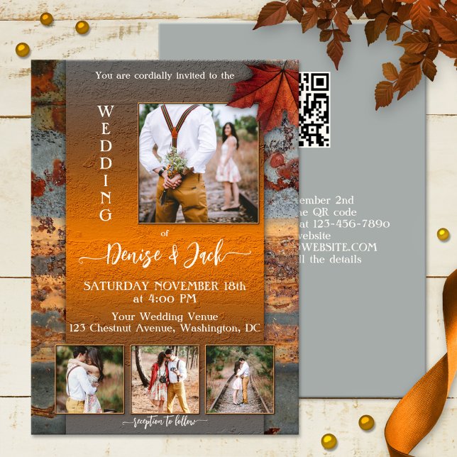 Modern Industrial Design Photo Fall Wedding Invitation (Industrial design wedding invitation featuring 4 of your own photos framed by weathered metal)