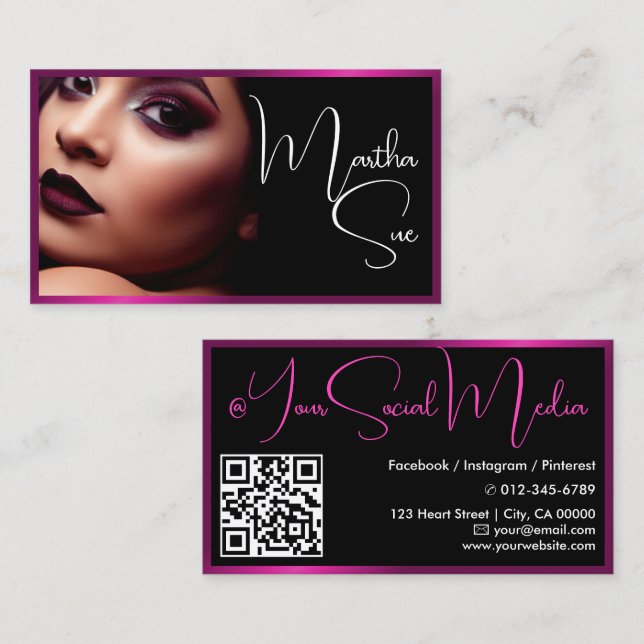 Modern Influencer Model Black and Pink Photo Image Business Card (Front/Back)