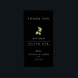 Modern Infused Olive Oil Thank You Label Black<br><div class="desc">Watercolor olives and leaf branch,  modern infused olive oil favour,  black thank you sticker. Elegant typography in white colour.</div>