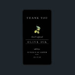 Modern Infused Olive Oil Thank You Label Black<br><div class="desc">Watercolor olives and leaf branch,  modern infused olive oil favour,  black thank you sticker. Elegant typography in white colour.</div>