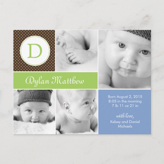 Modern Initial Birth Announcement - Blue Postcard (Front)