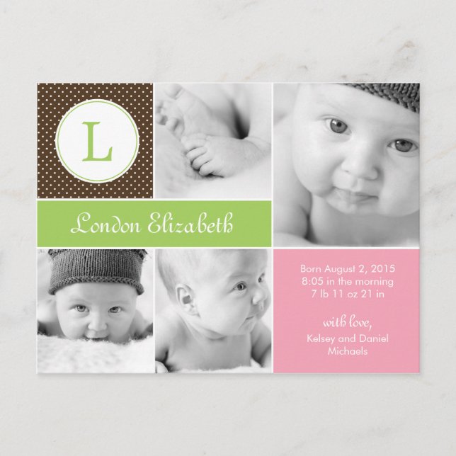 Modern Initial Birth Announcement - Pink Postcard (Front)