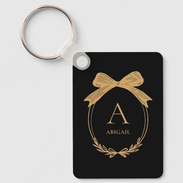 Modern Initial Black and Gold Chic Bow Monogram Key Ring (Front)