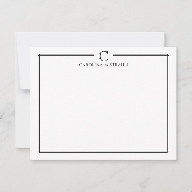 Modern Initial Black and White Border Stationery Card (Front)