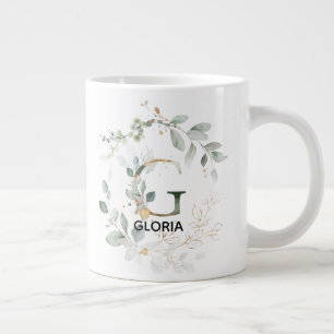 Modern Initial 'G' With Name Greenery Large Coffee Mug