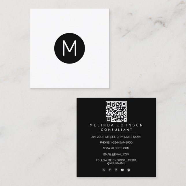 Modern Initial Minimalist QR Code Professional  Square Business Card (Front/Back)