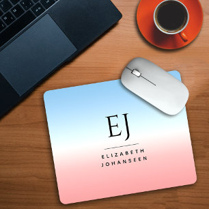 Modern Initial Monogram Blue Pink White Gradient Mouse Mat