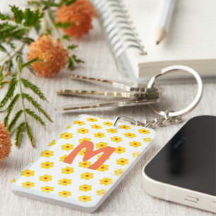 Modern initial monogram Retro Daisies  Key Ring