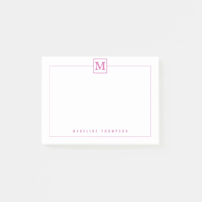 Modern Initial Monogram Square Border Magenta Post-it Notes (Front)