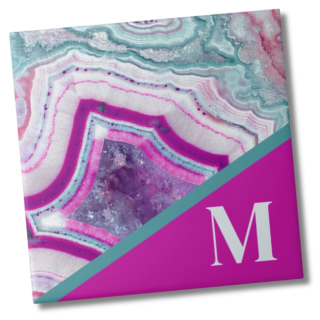 Modern Initial Monogram Tile (Trendy Bright Turquoise Fuchsia Stone Monogrammed ceramic tile)