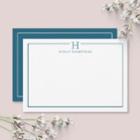 Modern Initial Patina Blue Border Stationery