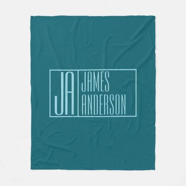 Modern Initials & Name | Dark Teal & Light Blue Fleece Blanket (Front)