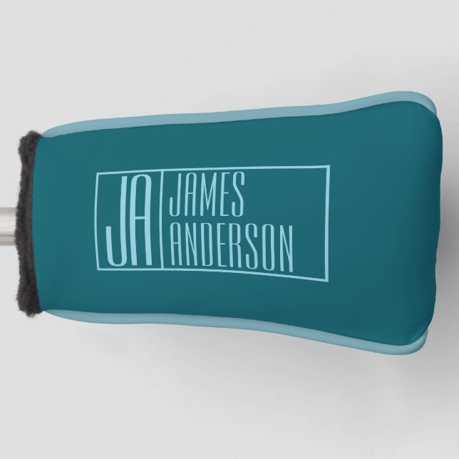Modern Initials & Name | Dark Teal & Light Blue Golf Head Cover (Front)
