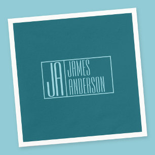 Modern Initials & Name Dark Teal & Light Blue Napkin