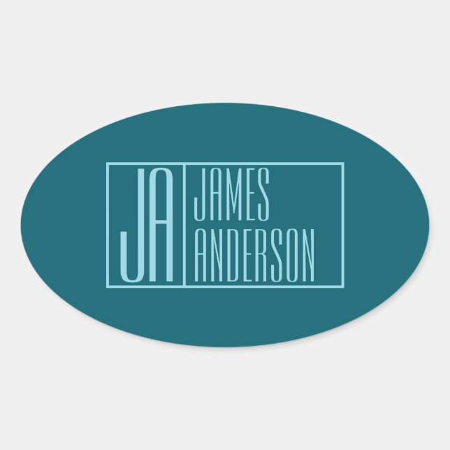 Modern Initials & Name | Dark Teal & Light Blue Oval Sticker (Front)