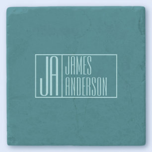 Modern Initials & Name   Dark Teal & Light Blue Stone Coaster
