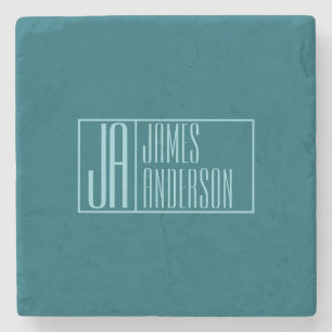 Modern Initials & Name Dark Teal & Light Blue Stone Coaster
