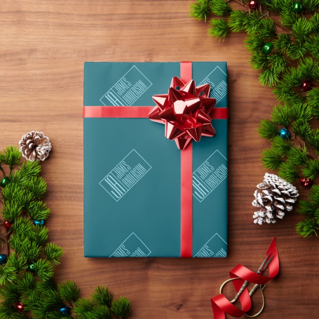 Modern Initials & Name | Dark Teal & Light Blue Wrapping Paper (Holiday Gift)