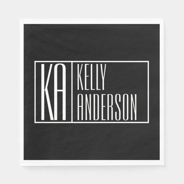Modern Initials & Name Logo | Black & White Napkin (Front)