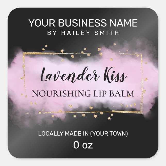 Modern Ink Black And Purple Gold Lip Balm Square Sticker (Front)