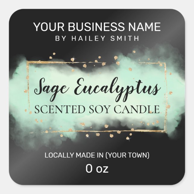 Modern Ink Black Green Scented Soy Candle Square Sticker (Front)