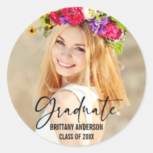 Modern Ink Pen Script Calligraphy Graduation Classic Round Sticker