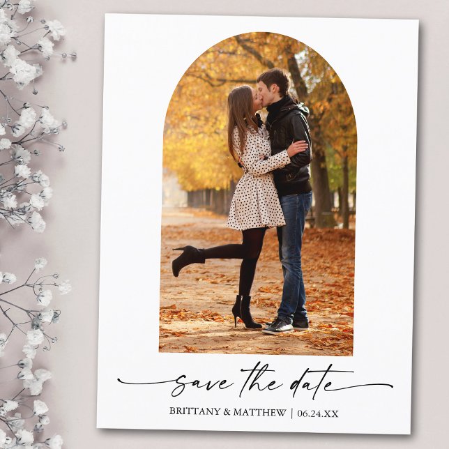 Modern Ink Script Photo Arch Save The Date Postcard (Customize to change your personalized text size or text style.)