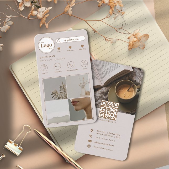 Modern Instagram 4 Photo Collage Beige Business Card (Creator Uploaded)