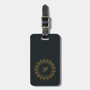 Modern Intricate Monogram on Dark Leather Luggage Tag