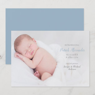 Modern Introducing Baby Boy Photo Blue Birth Announcement