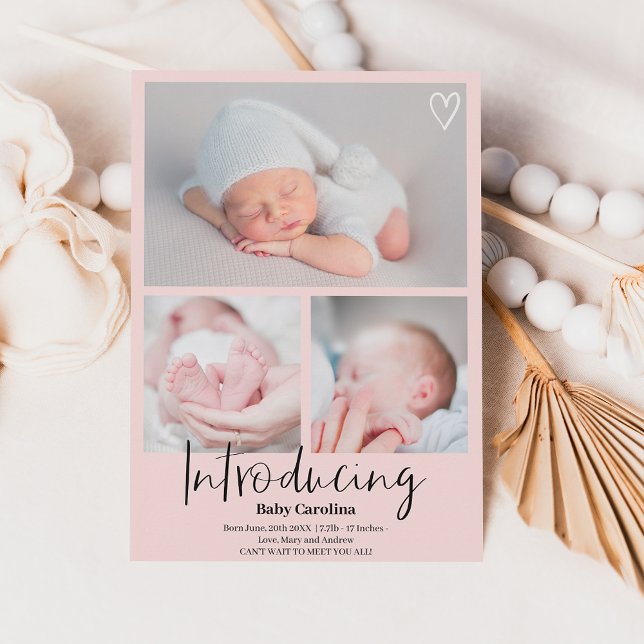 Modern introducing black pink 3 photos baby birth announcement (Creator Uploaded)