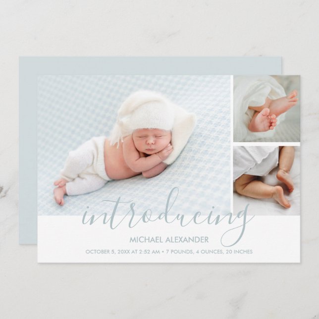 Modern Introducing Boy Photo Birth Announcement (Front/Back)