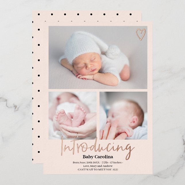 Modern introducing rose pink 3 photos baby birth (Front/Back)