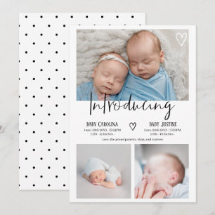 Modern introducing script 3 photo baby twins birth announcement
