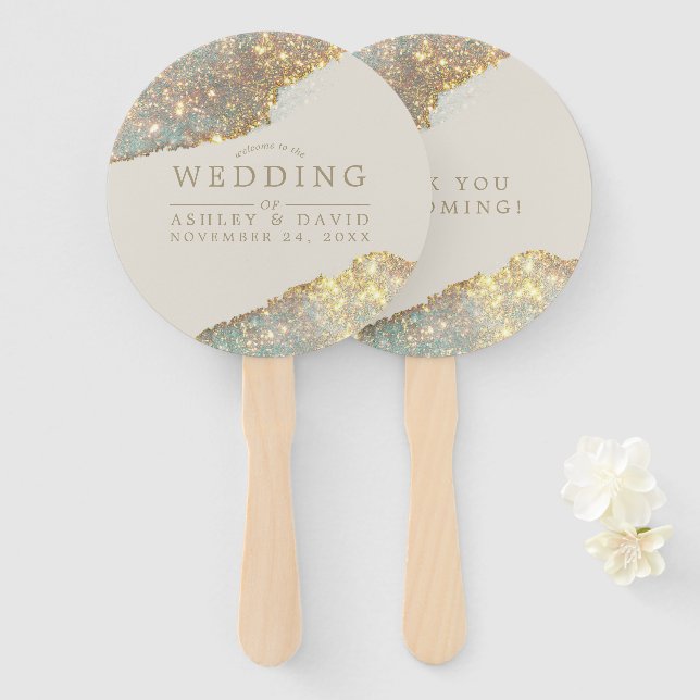 Modern Iridescent Holographic Glitter Wedding Hand Fan (Front and Back)