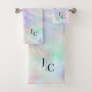 Modern Iridescent Opal Stylish Monogram Logo Bath Towel Set