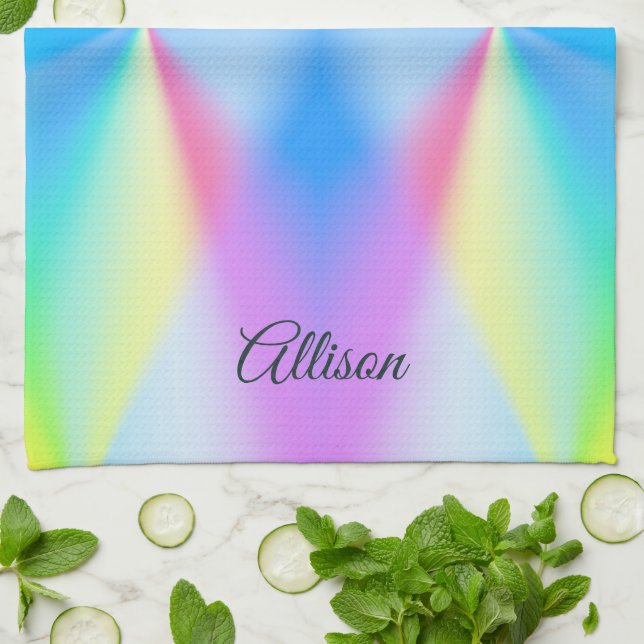 Modern iridescent pastel rainbow coloured  tea towel (Folded)