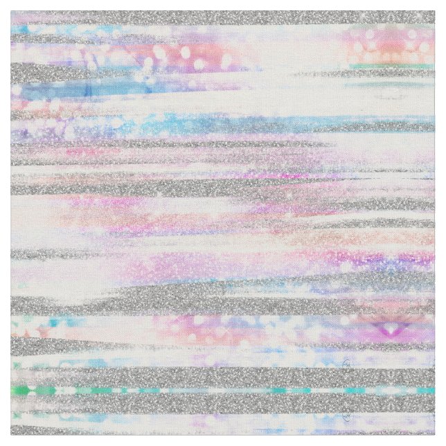 Modern Iridescent & Silver Glitter Strokes Stripes Fabric (Close Up)
