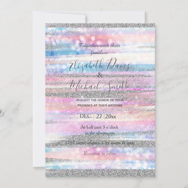 Modern Iridescent & Silver Glitter Strokes Stripes Invitation (Front)