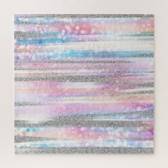 Modern Iridescent & Silver Glitter Strokes Stripes Jigsaw Puzzle (Vertical)