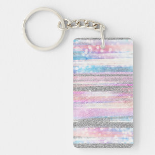 Modern Iridescent & Silver Glitter Strokes Stripes Key Ring