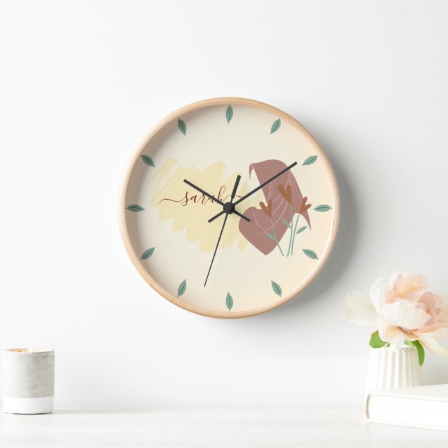 Modern Islamic Botanical Minimal Monogram Name Clock (Home)