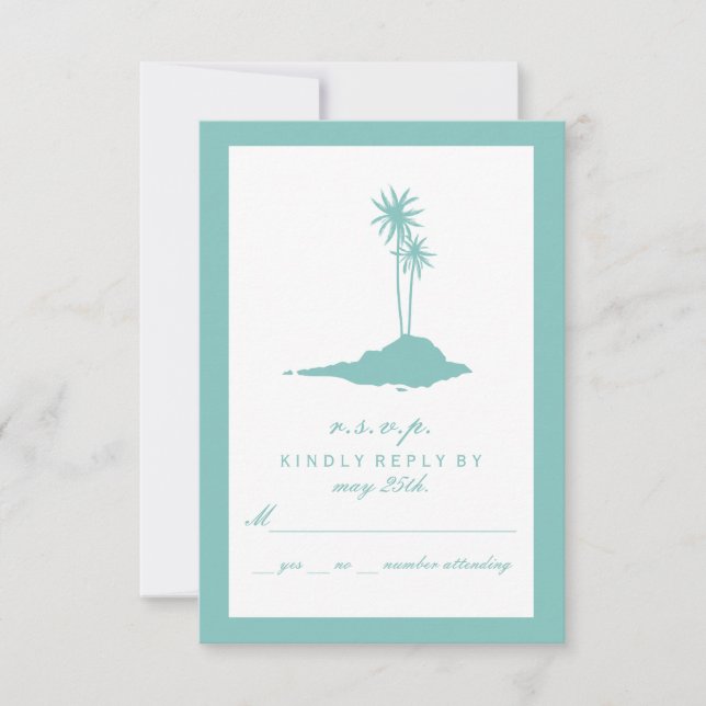 Modern Island Beach Wedding RSVP - Teal Card (Front)