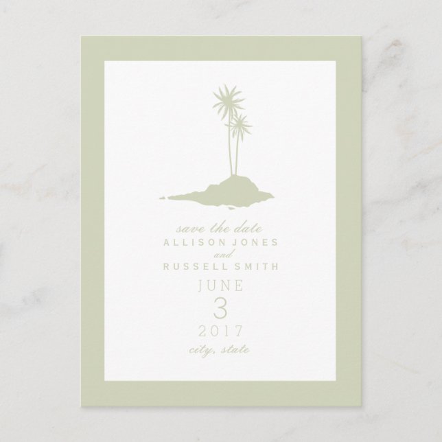 Modern Island Beach Wedding Save The Date - Green Announcement Postcard (Front)