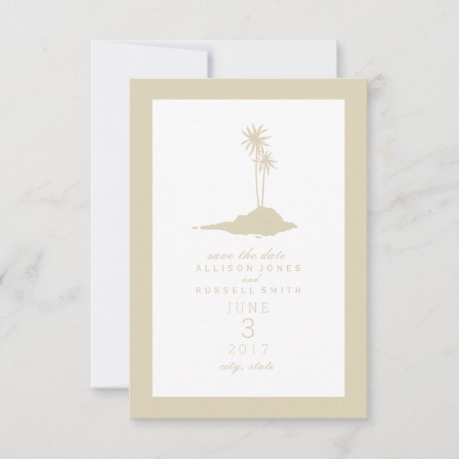 Modern Island Beach Wedding Save The Date - Sand (Front)